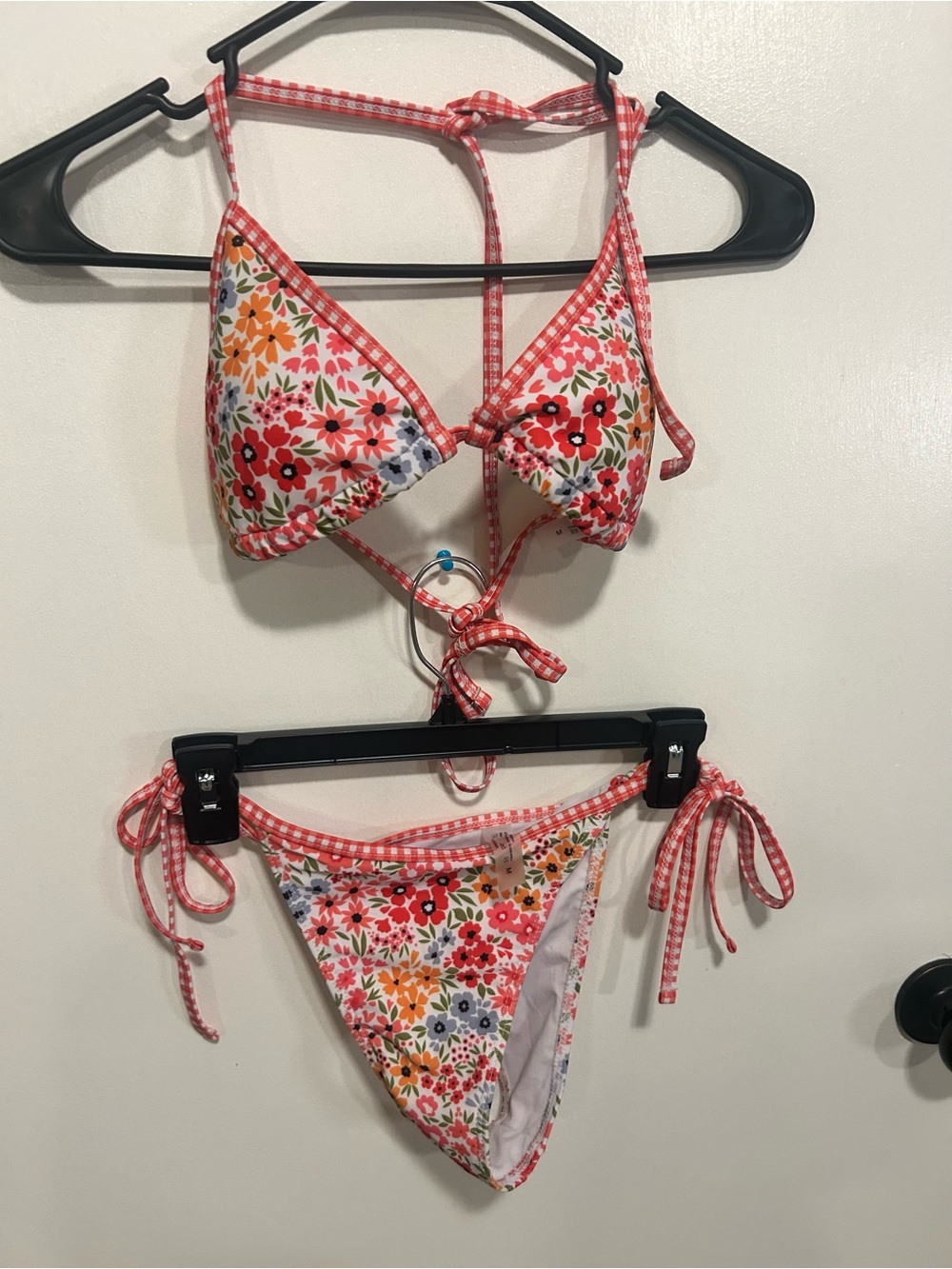 Floral Print Gingham-Trim Bikini Set - Pink, Red, Orange, Green